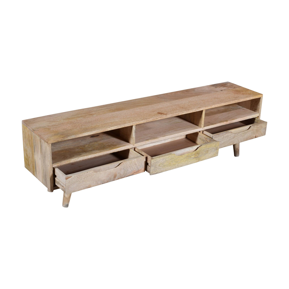 3 Drawer Mango Wood TV Media Cabinet with 3 Open Compartments in Oak Brown R905415