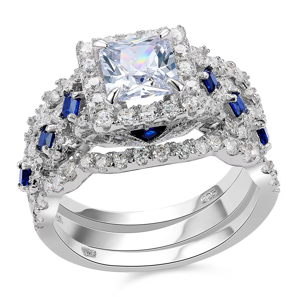 925 Sterling Silver Princess White Cz Blue Engagement Ring Set 3pcs Size 4.5 J77735