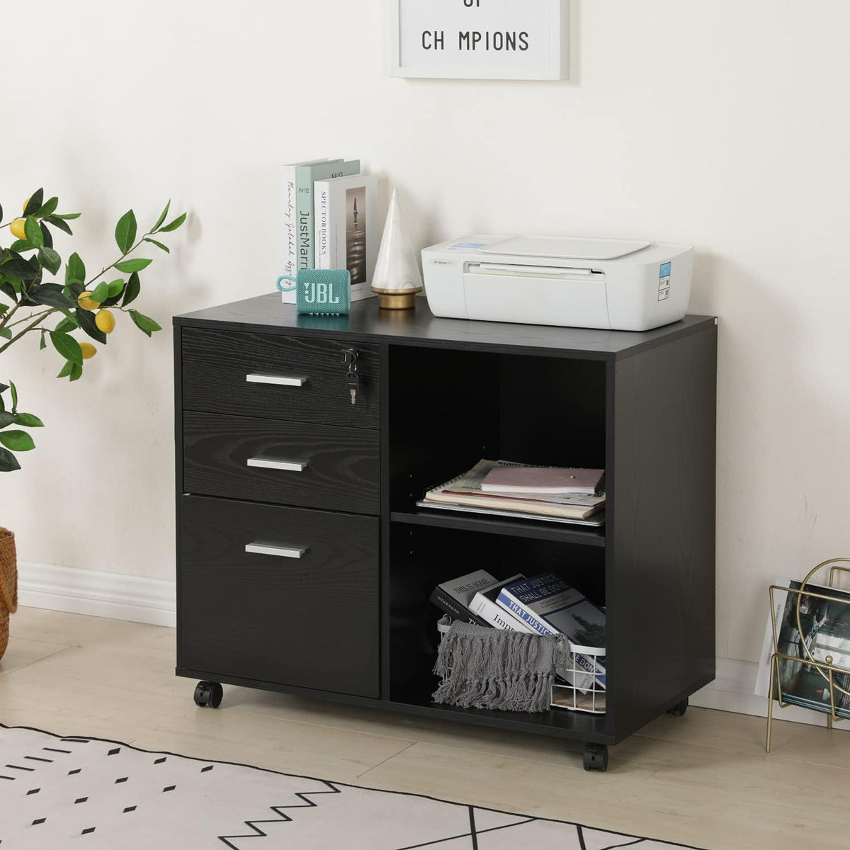 Black 3-Drawer Wood File Cabinet with Lock F3787