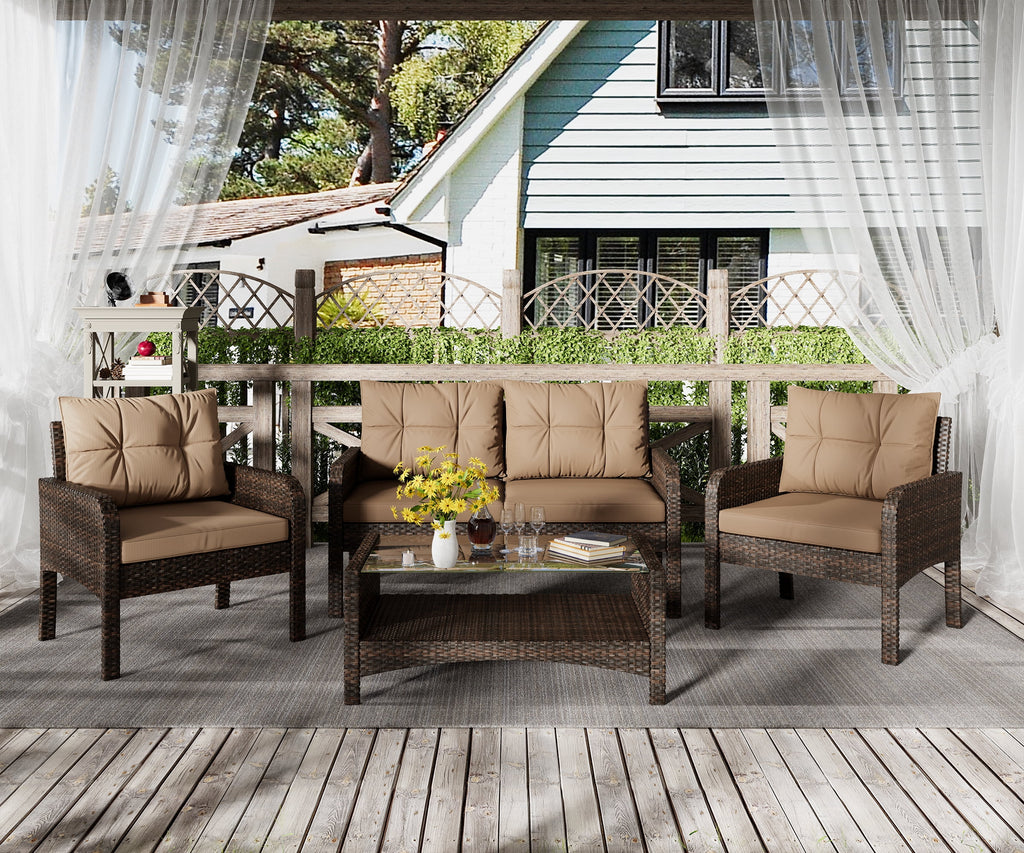 4-Piece Rattan Wicker Sofa Set with Cushions & Coffee Table M578