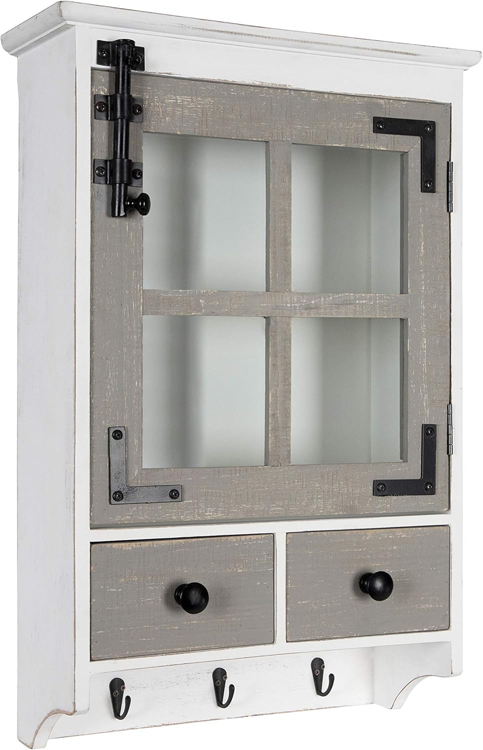 Rustic White Wood Wall Cabinet with Glass Door and 2 Drawers F1706