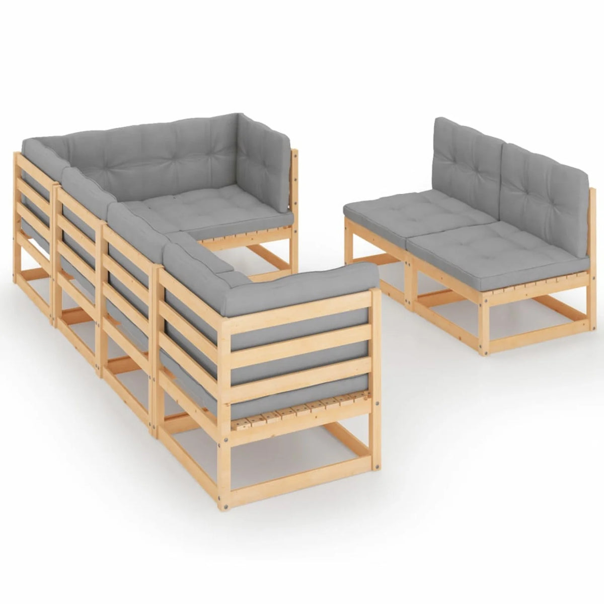 7 Piece Wood Garden Conversation Set Gray Cushioned Pinewood Sectional Sofa Set I24216