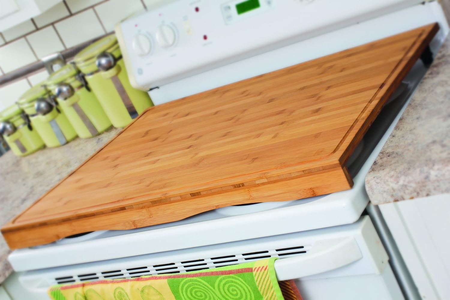 Bamboo Stove Top Work Surface with Adjustable Legs & Built In Juice Groove, 4 Burner, Brown E7432