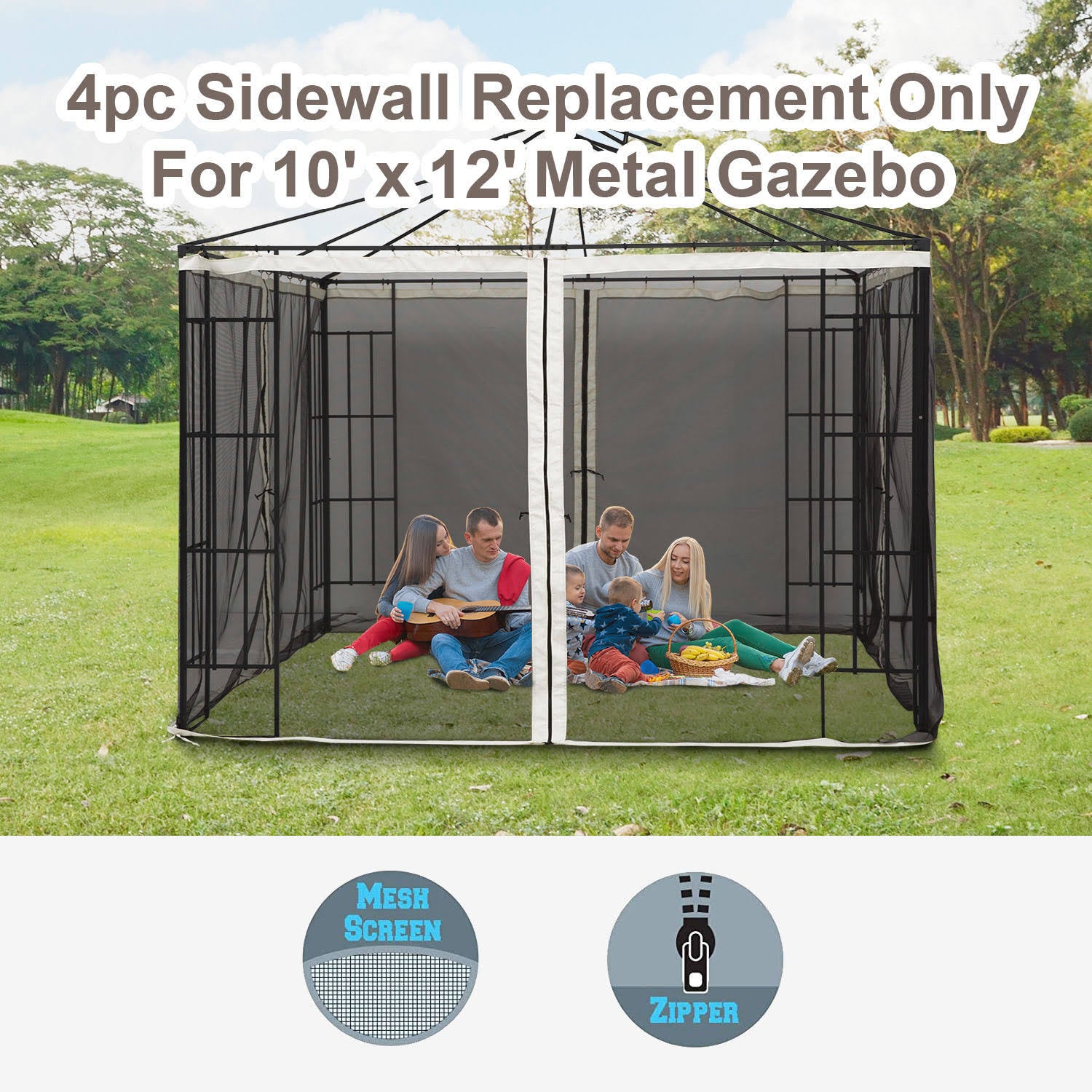 4-Panel Mesh Mosquito Netting Sidewalls with Zippers for Patio Gazebo A207896
