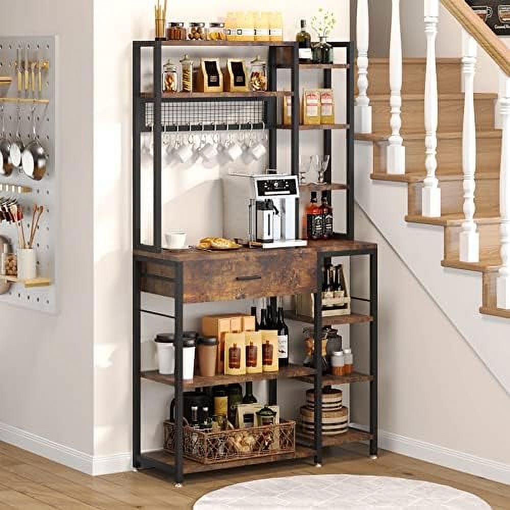 Baker's Rack with Drawer, 70.9 inch, 5-Tier+6-Tier Microwave Stand with 10 Hooks (Rustic Brown) L406579